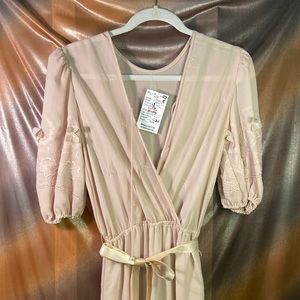 Vintage 1970’s nude sheer crepe dress with delicate 3D butterflies 36” chest 201